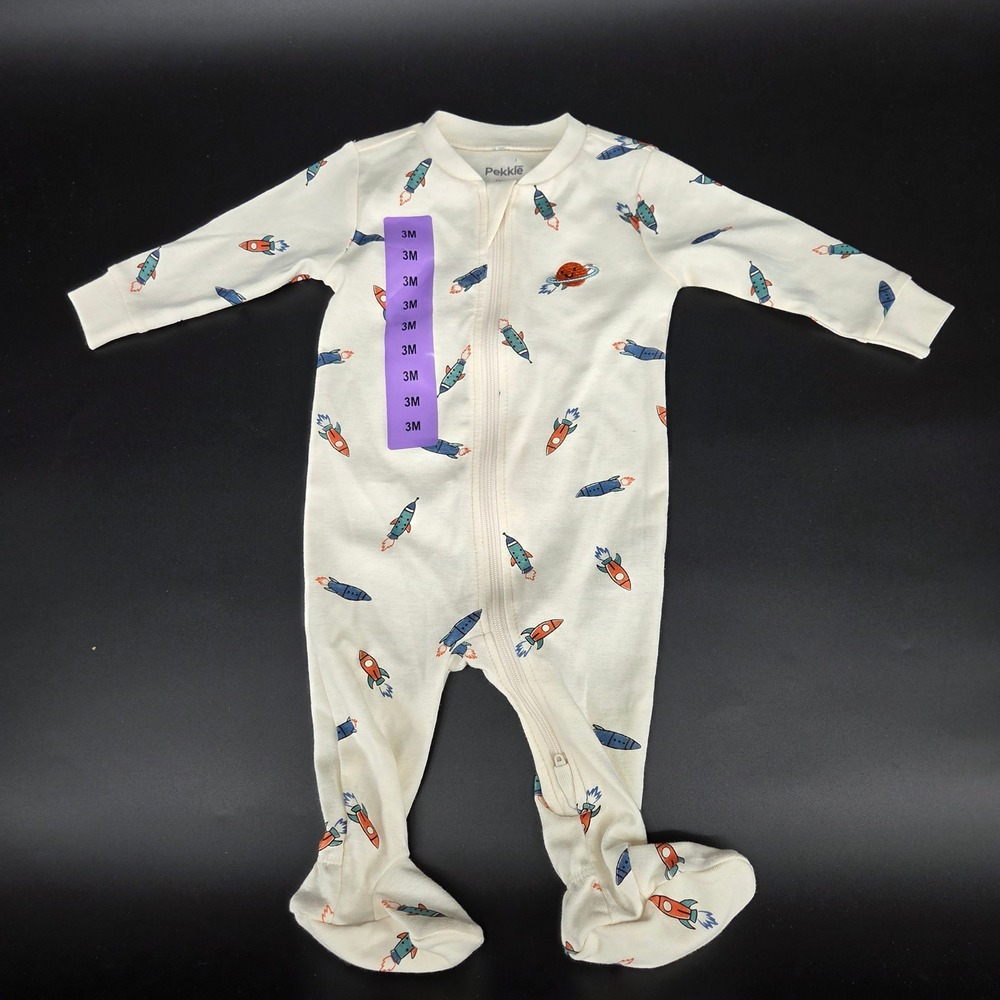 Pekkle Baby Boys Rocket Ship Planet Footed Sleeper Pajamas Cream 3M NEW 1796957